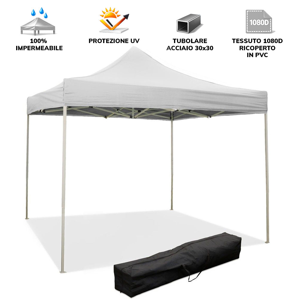 Gazebo richiudibile pieghevole MARKET 3 X 3 Bianco ricoperto in PVC impermeabile
