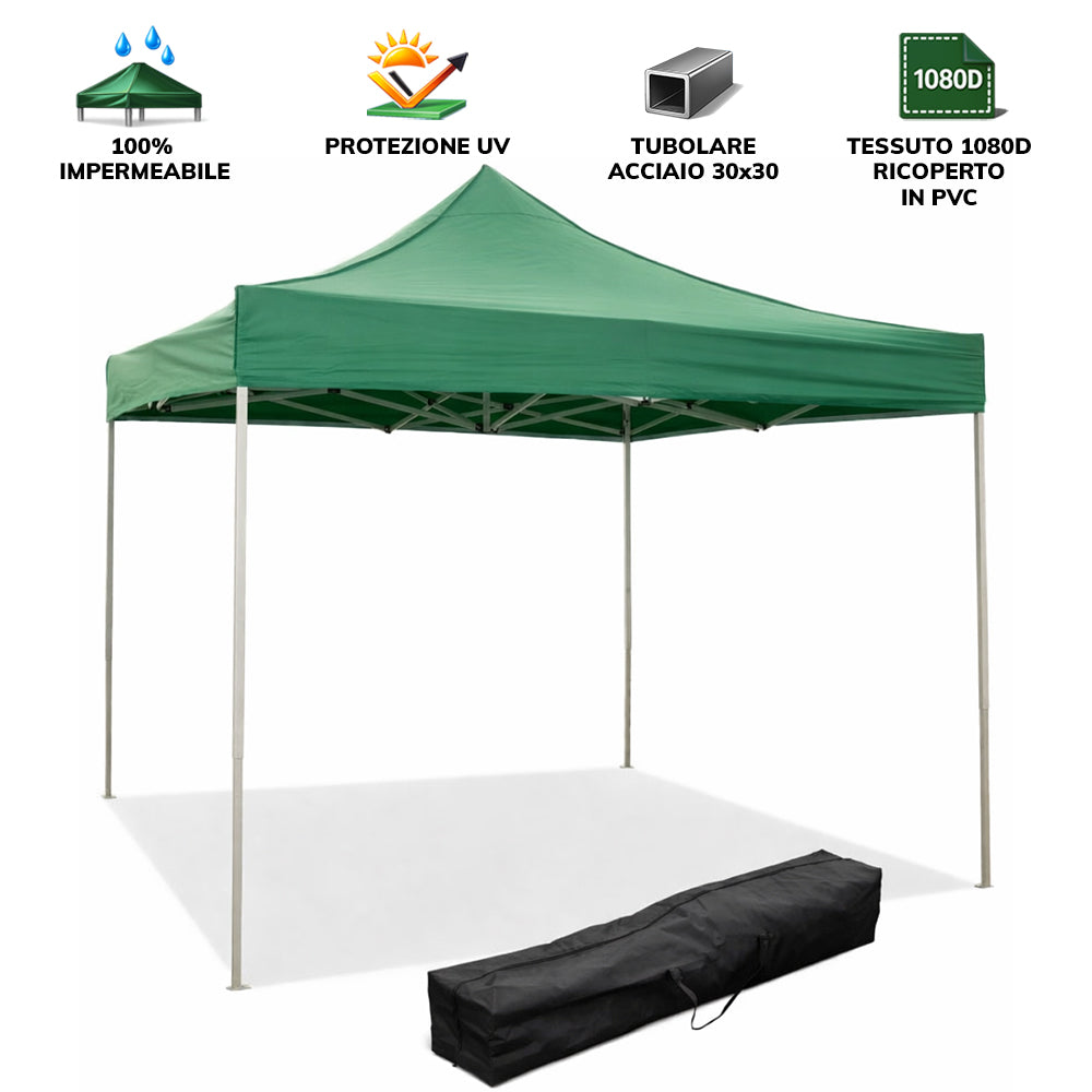 Gazebo richiudibile pieghevole MARKET 3 X 3 Verde ricoperto in PVC impermeabile