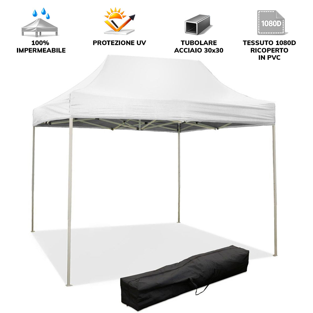 Gazebo richiudibile pieghevole MARKET 3 X 2 Bianco ricoperto in PVC impermeabile