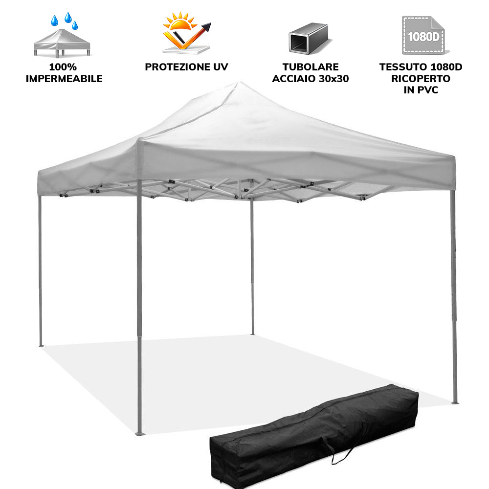 Gazebo richiudibile pieghevole MARKET 3 X 4,5 Bianco ricoperto in PVC impermeabile