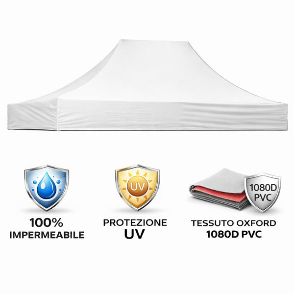 Gazebo richiudibile pieghevole MARKET 3 X 4,5 Bianco ricoperto in PVC impermeabile