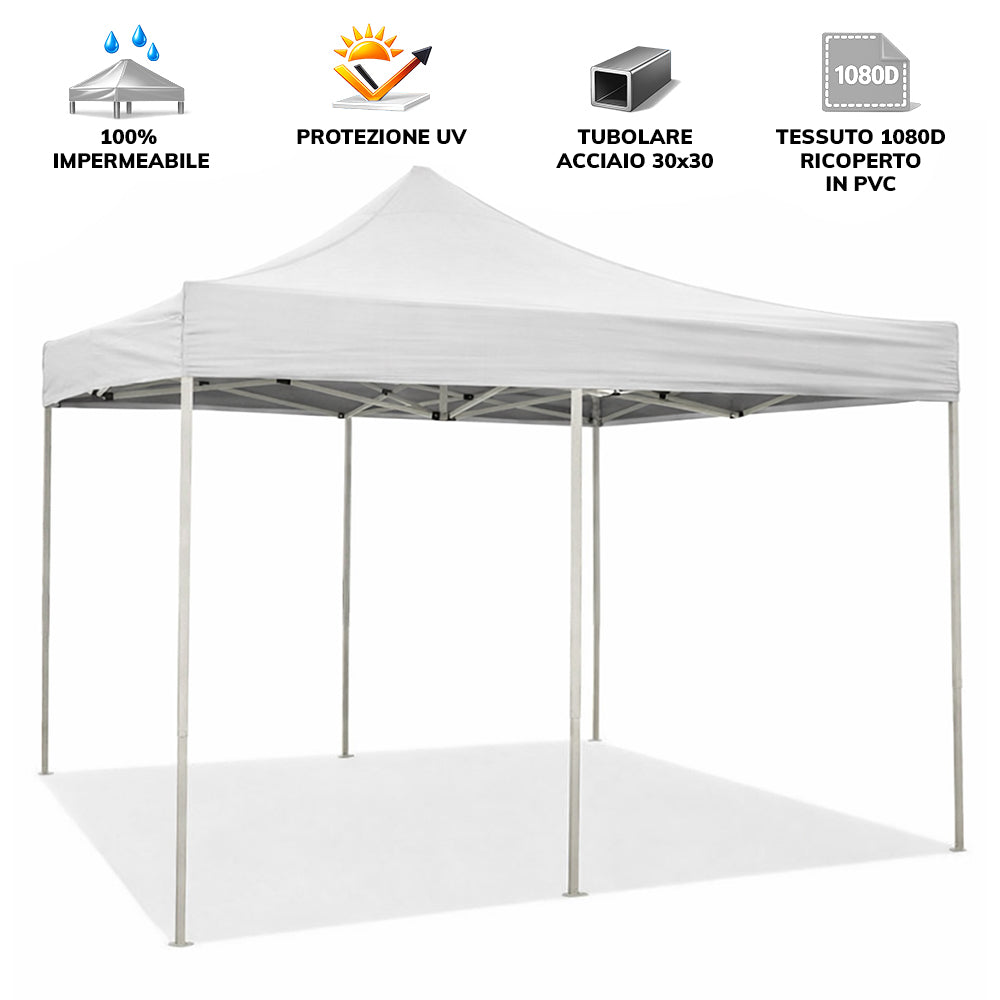 Gazebo richiudibile pieghevole MARKET 3 X 6 Bianco ricoperto in PVC impermeabile