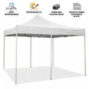 Gazebo richiudibile pieghevole MARKET 3 X 6 Bianco ricoperto in PVC impermeabile