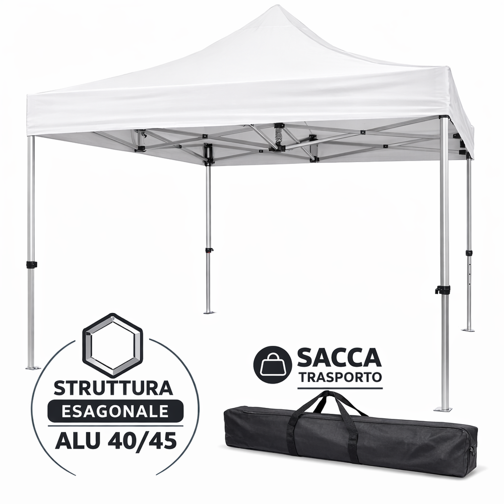 Gazebo richiudibile in alluminio professionale struttura esagonale MARKET-PRO 3X3 Bianco impermeabile
