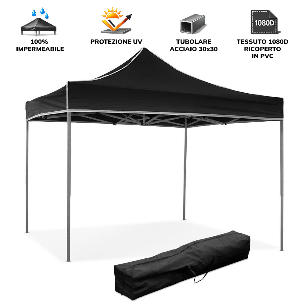 Gazebo richiudibile pieghevole MARKET 3 X 3 Nero ricoperto in PVC impermeabile