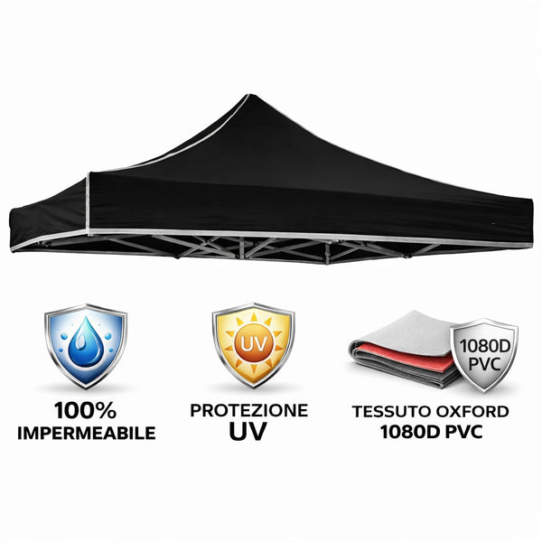 Gazebo richiudibile pieghevole MARKET 3 X 3 Nero ricoperto in PVC impermeabile